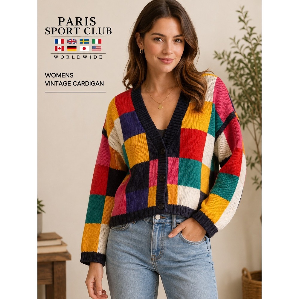 Paris Sport Club Vintage Cardigan Colorful Patchwork Knit V-Neck Medium
